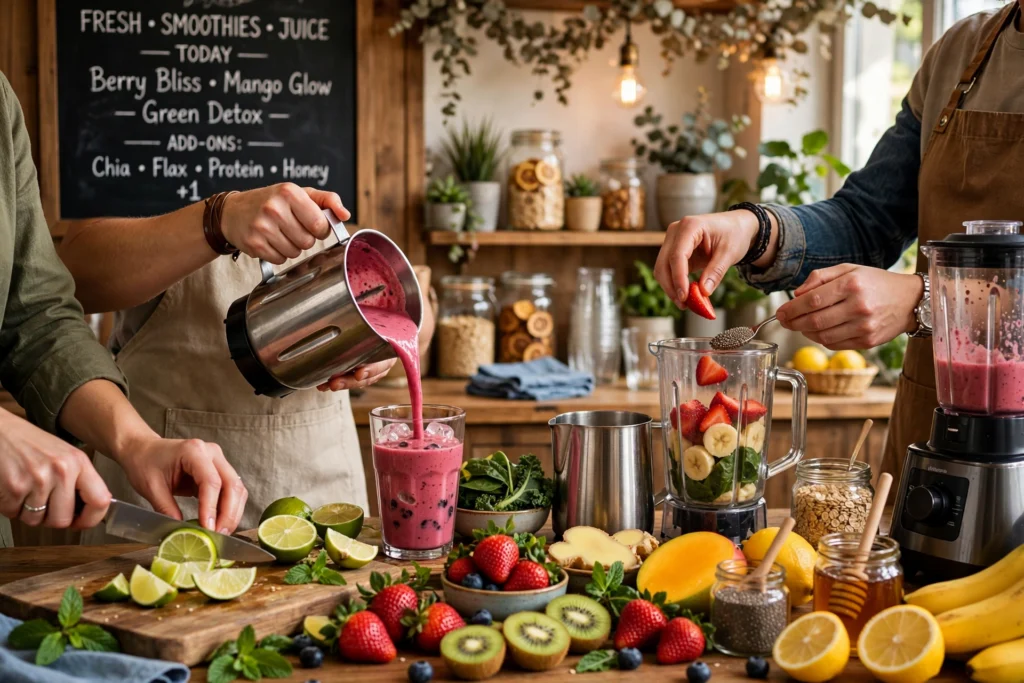 Juice bar team preparing fresh smoothies