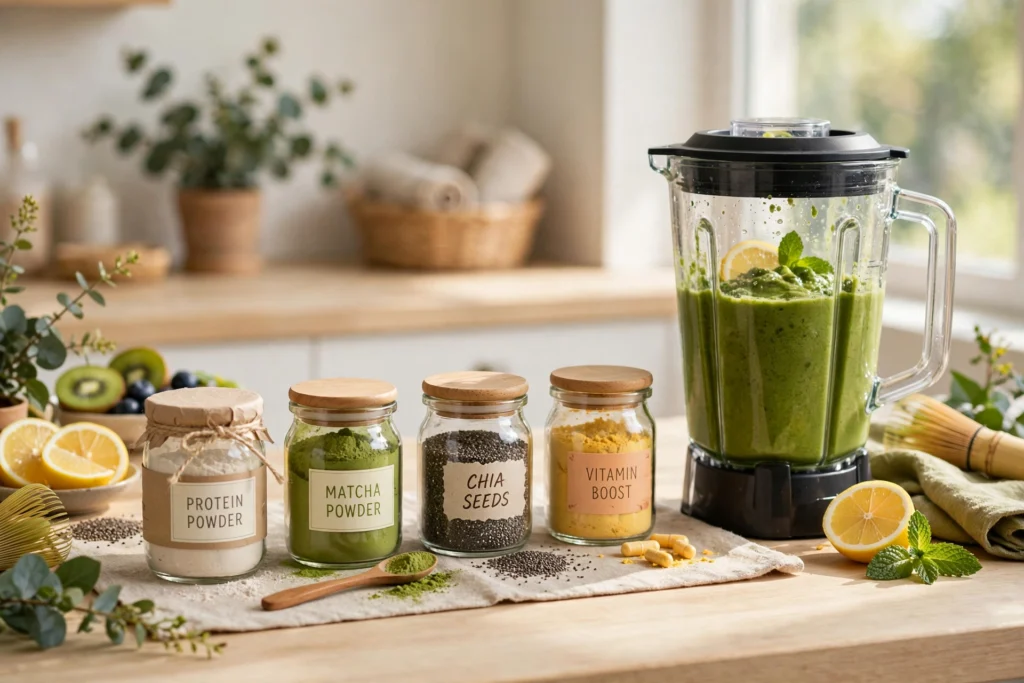 Smoothie booster add-ins with protein powder and vitamins