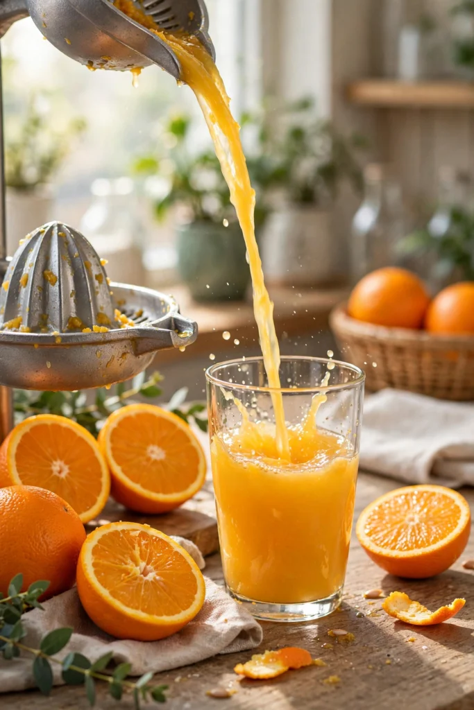 Fresh squeezed orange juice being poured