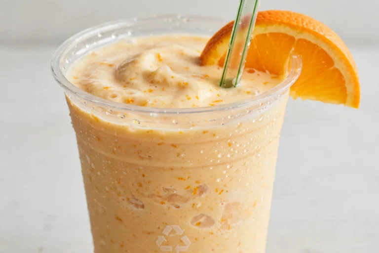 Orangesicle Smoothie in a clear cup with orange slice
