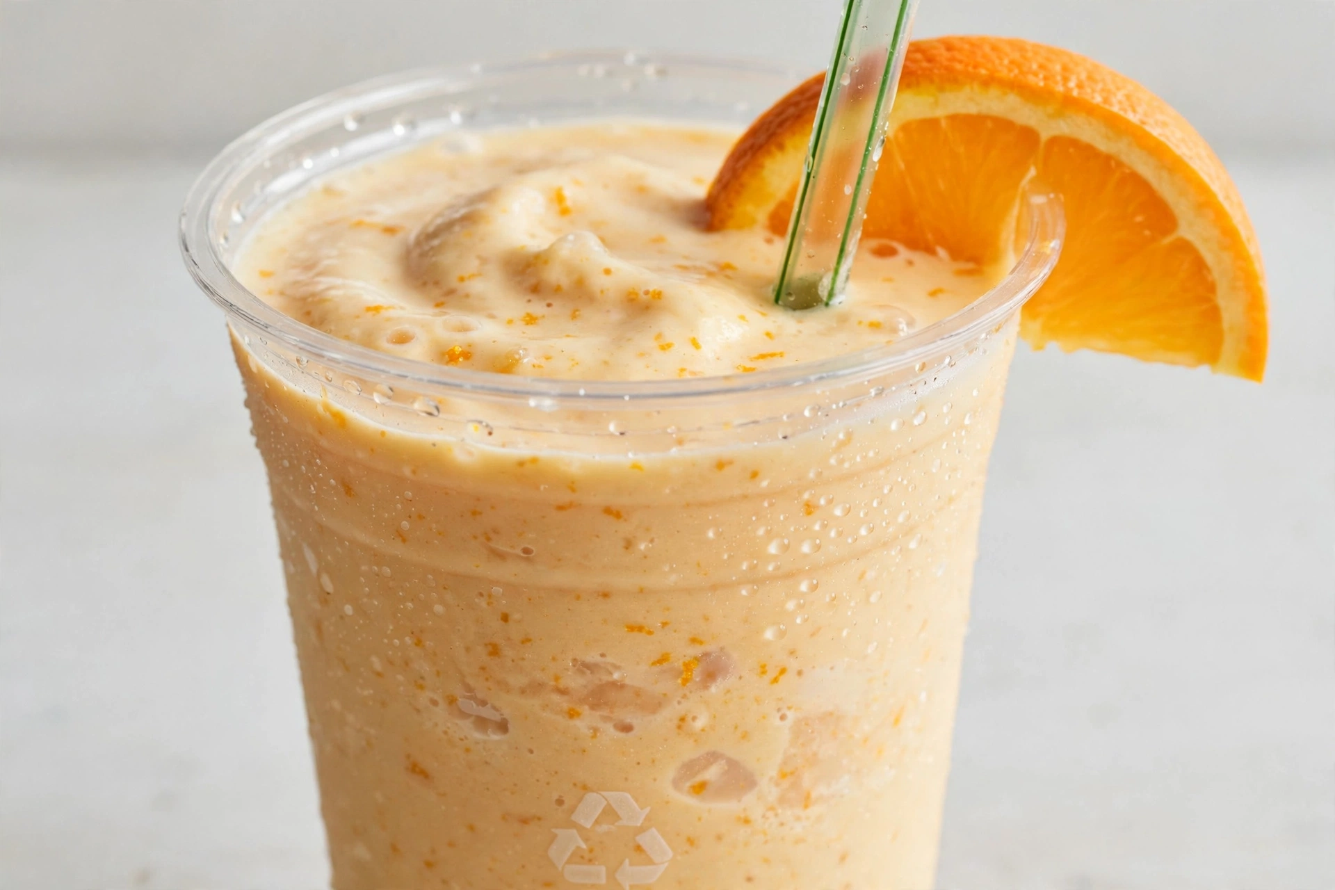 Orangesicle Smoothie in a clear cup with orange slice