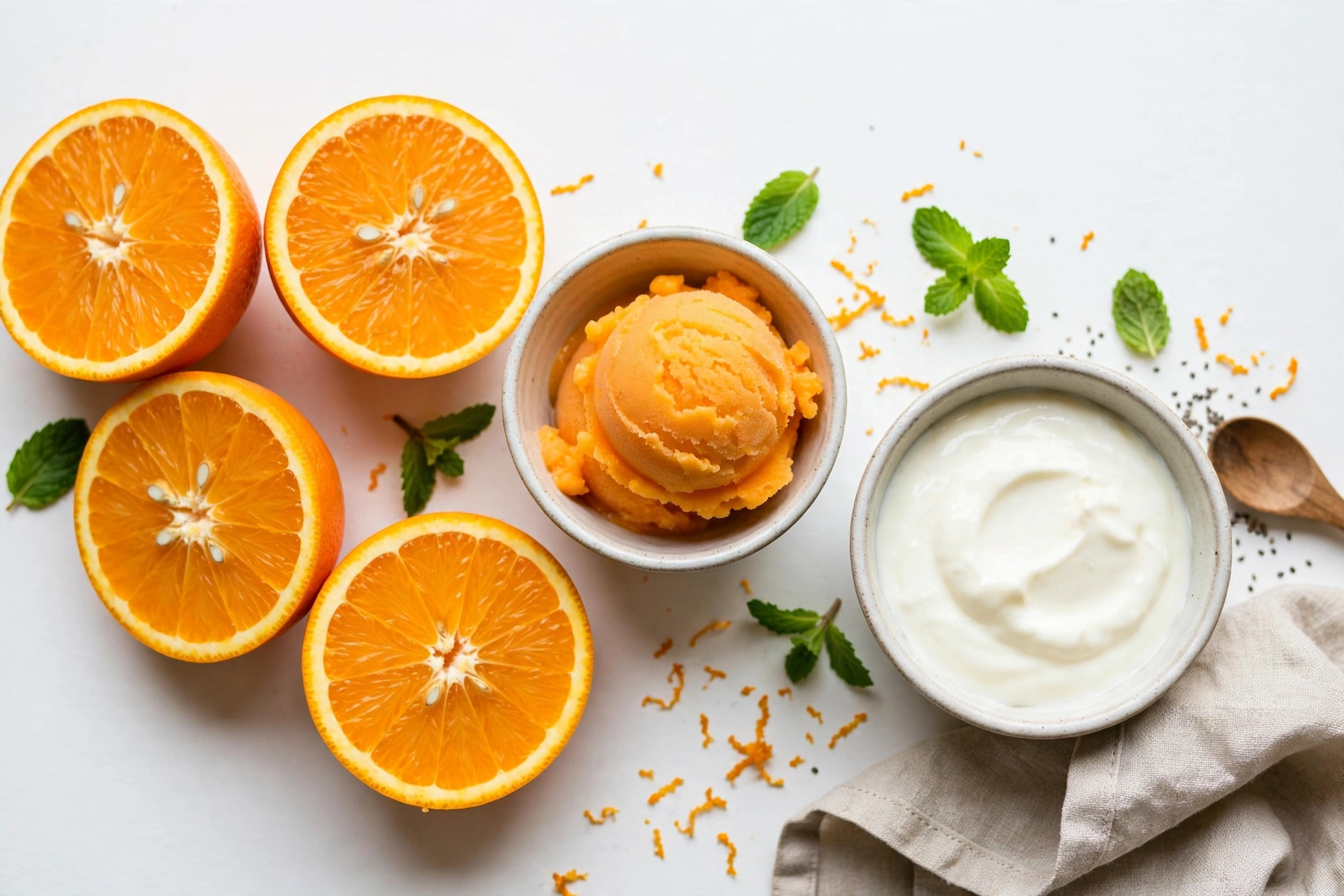 Orangesicle smoothie ingredients: oranges, orange sorbet and vanilla yogurt