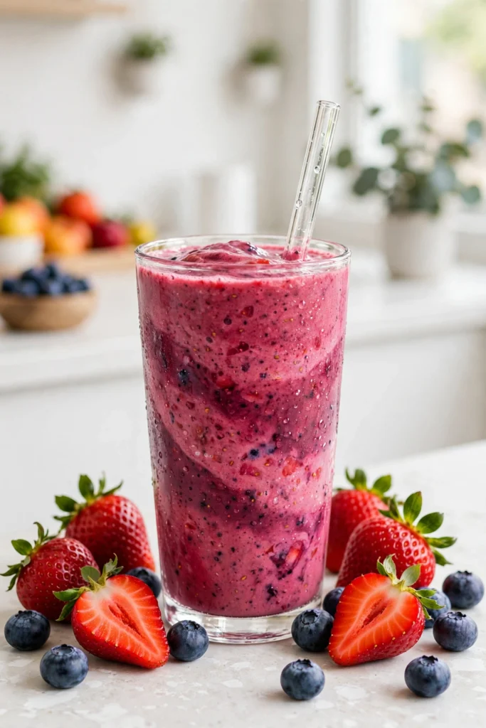 Berry smoothie in a glass with fresh strawberries