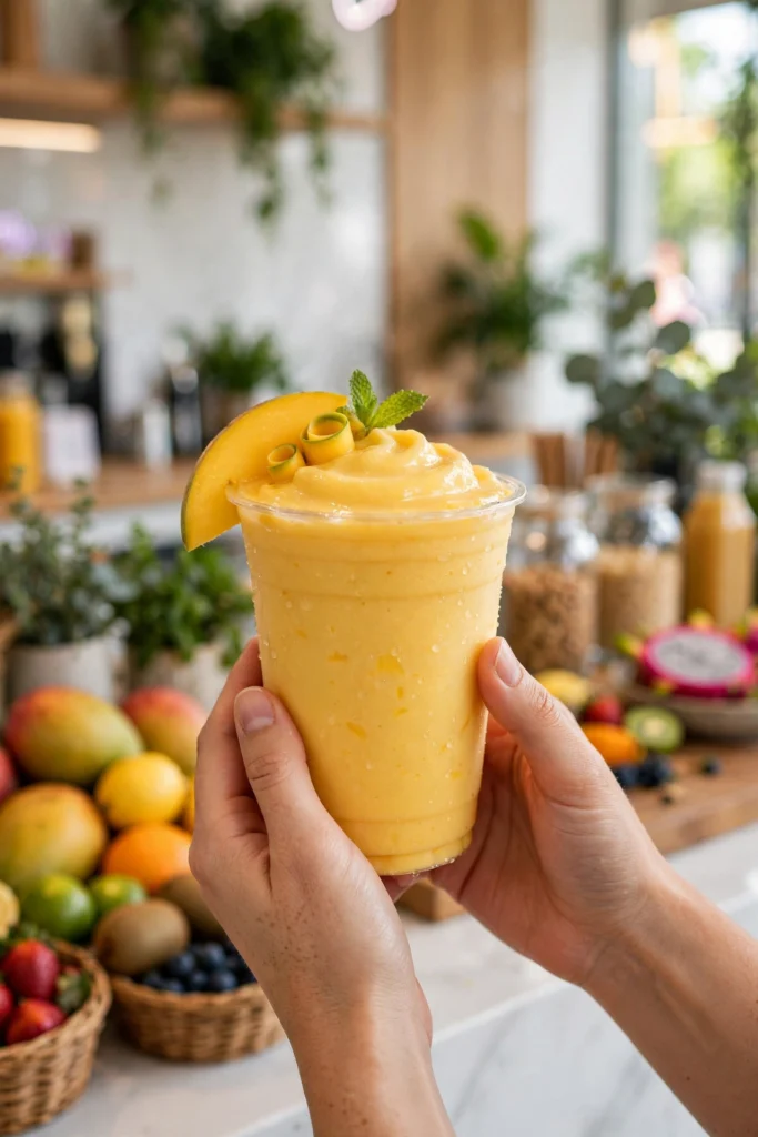 Mango smoothie held at a juice bar